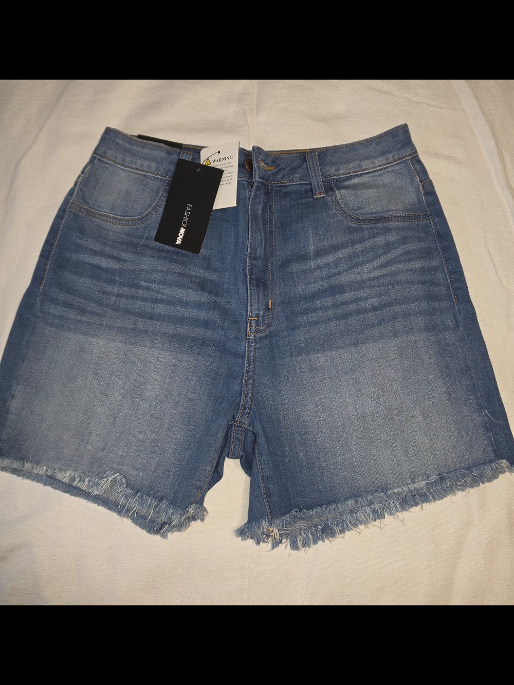 Fashion Nova Medium Blue High-Rise Frayed Denim Shorts
